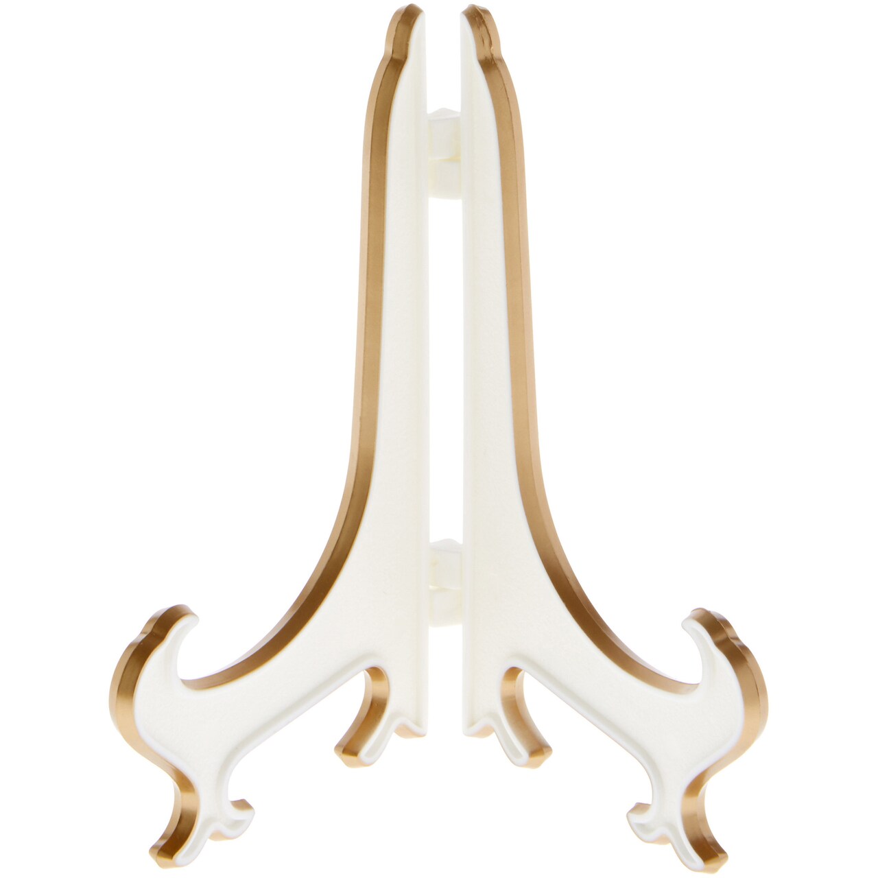 Bard&#x27;s Hinged White and Gold Plastic Plate Stand, 5&#x22; H x 4&#x22; W x 3.5&#x22; D (For 5&#x22; - 7.5&#x22; Plates)